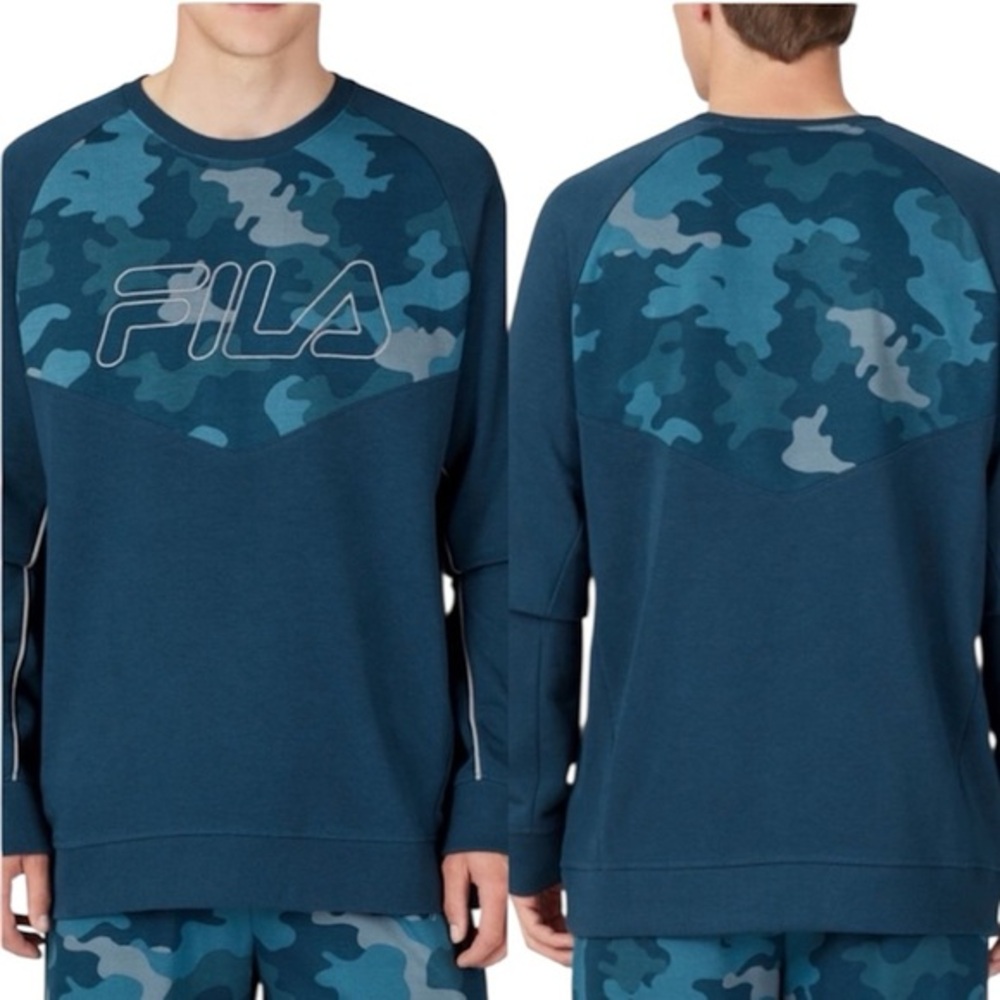 Fila Men's Teal and Navy Camouflage Crewneck Sweater
